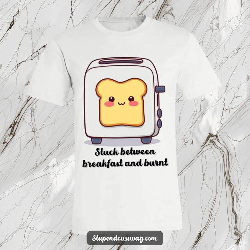 Funny T-shirt featuring a smiling bread slice comically stuck halfway out of a toaster, expressing morning breakfast struggles humorously.
