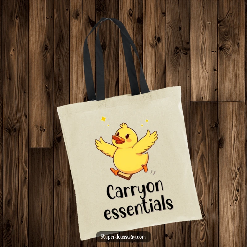 Funny tote bag illustrating a brave rubber ducky taking flight from a piece of floating toast, perfect for carrying everyday items with humor.