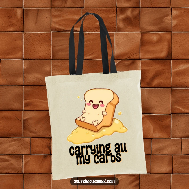 Funny tote bag depicting a cheerful bread loaf comically sliding down a buttered slope, perfect for carrying essentials and smiles.