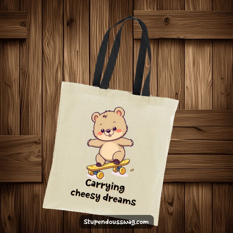 Funny tote bag showcasing a clumsy bear cub attempting to skateboard on a cheese board, a humorous and charming accessory.