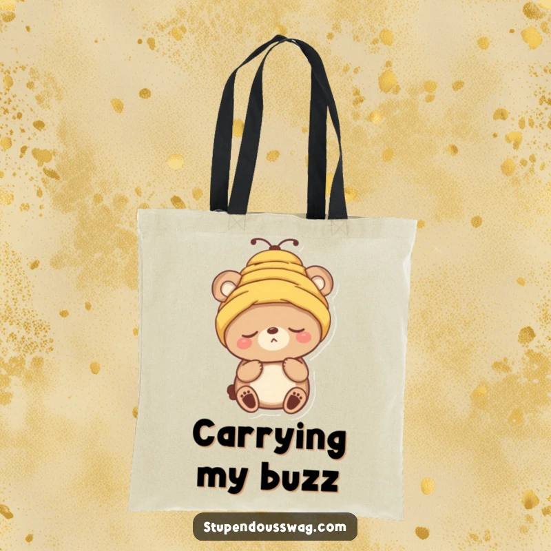 Funny tote bag depicting a sleepy bear character comically trying to wear a beehive hat, perfect for everyday use.