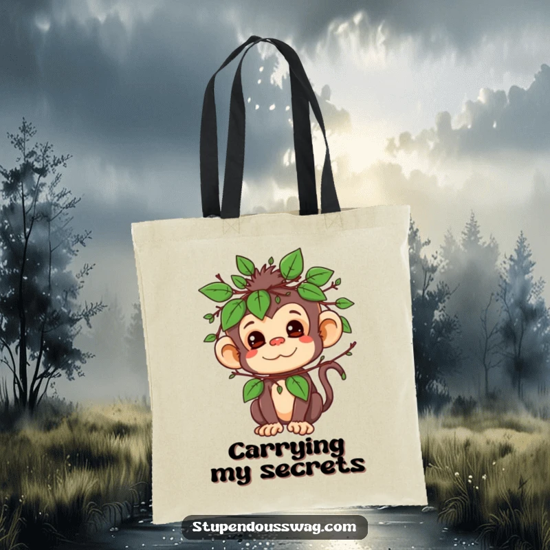 Funny tote bag showing a mischievous monkey character hidden in a disguise of leaves and twigs, perfect for shopping.