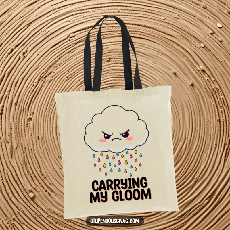 Funny grumpy cloud tote bag, adorned with small, vivid raindrops, expressing a humorous, unamused, yet colorful personality.