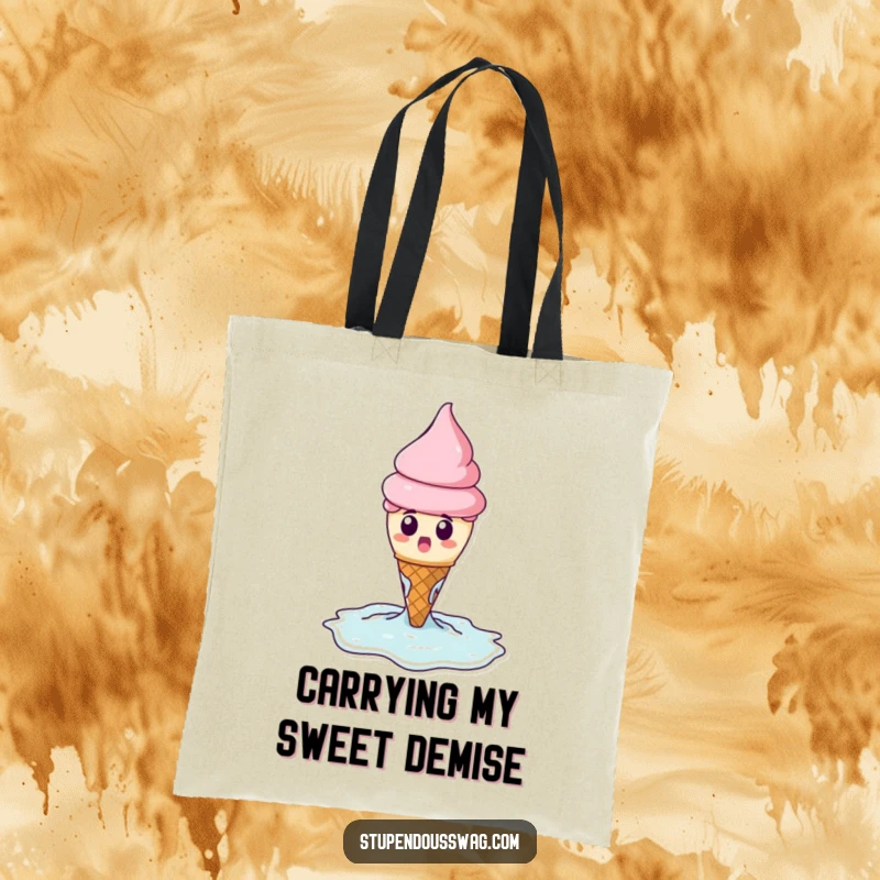 Funny tote bag with a surprised ice cream cone melting dramatically into a puddle, perfect for daily humor.
