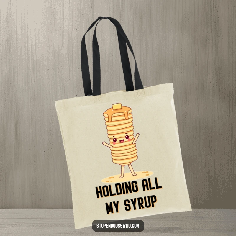 Funny tote bag with a wobbly stack of pancakes attempting a handstand, ideal for grocery humor.