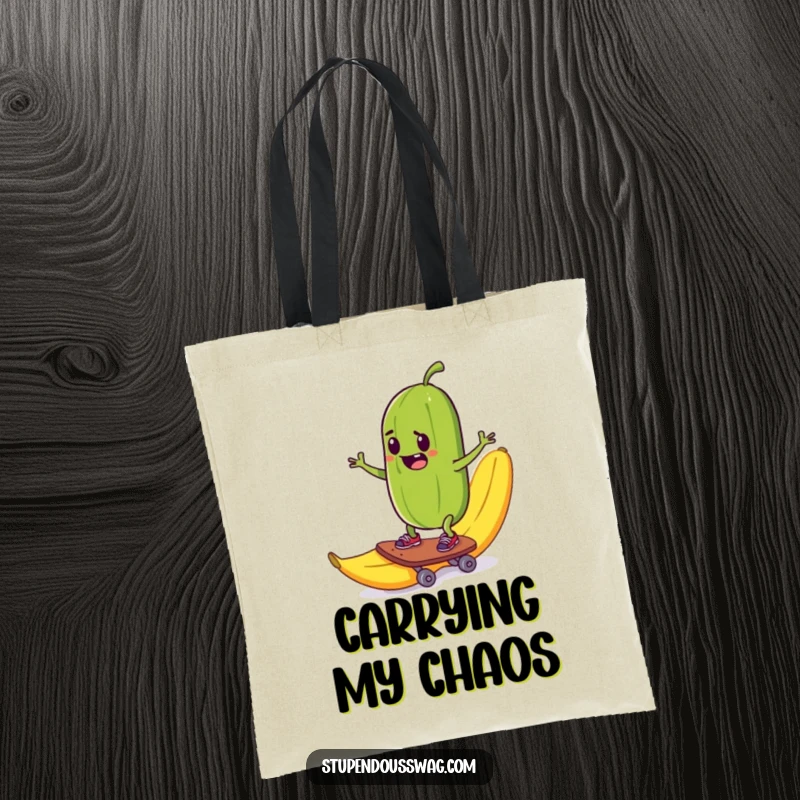 Funny tote bag featuring a mischievous pickle skateboarding down a banana peel, perfect for carrying daily items.