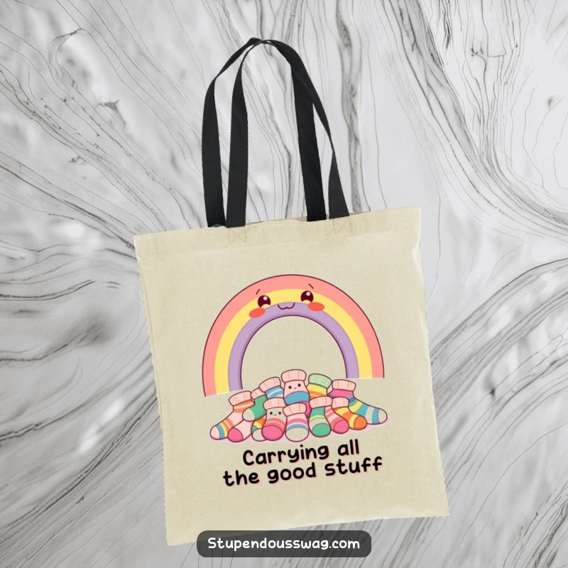 Funny tote bag depicting a smiling rainbow above a pile of giggling socks, ideal for grocery runs and beyond.