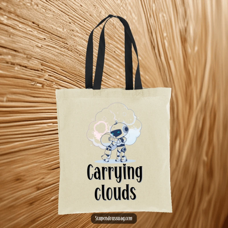 Funny tiny robot giving a giant hug to a fluffy cloud, designed for a tote bag, perfect for carrying items with charm.