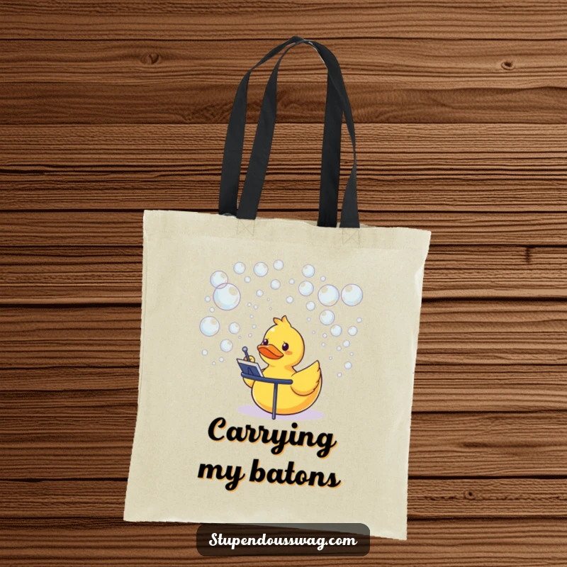 Funny rubber duck conducting a bubble orchestra, featured on a stylish and functional tote bag.