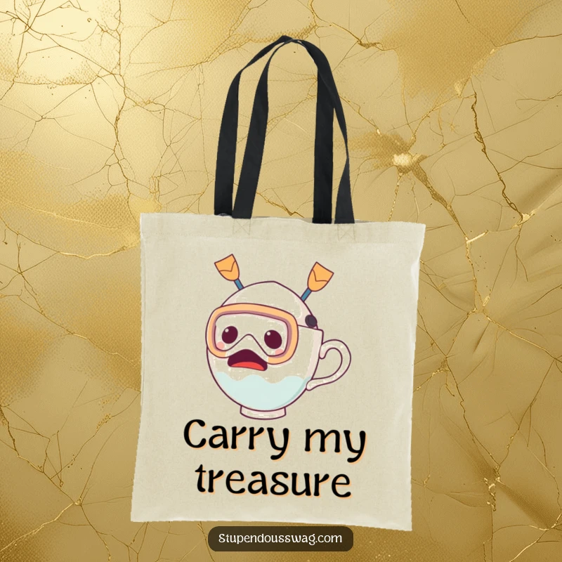 Funny tote bag with a startled teacup character wearing a diving mask and fins, humorously depicted as ready to plunge into the water.
