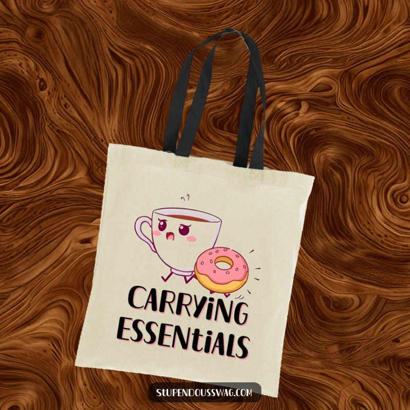 Funny Teacup Donut Chase Tote Bag: A startled teacup flees from a rolling donut.