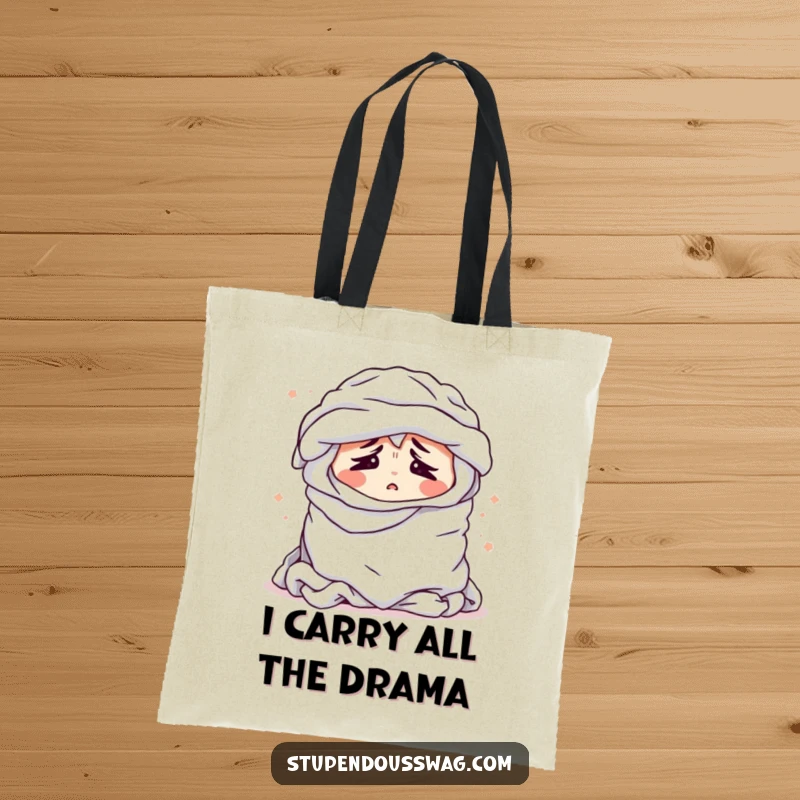 Funny tote bag illustrating a bewildered, dramatically sighing pile of laundry, capturing the essence of chore avoidance humor.