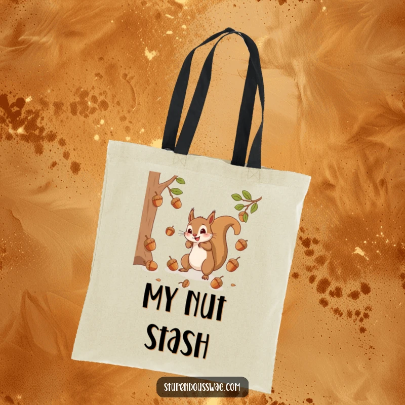 A frantic squirrel trying to catch bouncing acorns, featured on a durable tote bag, ready to carry essentials with a humorous touch.
