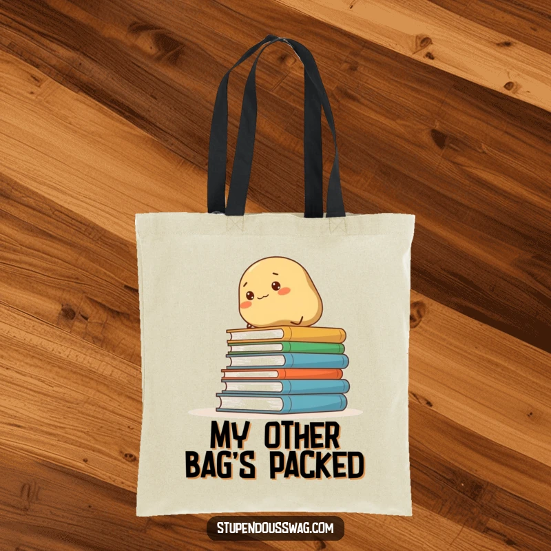 Funny tote bag featuring a persistent potato making its way up a tower of books, a comical symbol of ambition.