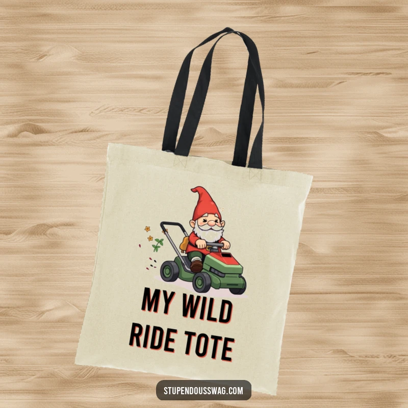 Funny Tote Bag: A garden gnome confusedly riding a runaway lawnmower, symbolizing garden chaos and humor.