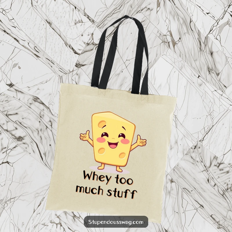 Funny dramatic cheese tote bag with a smiling cheese wedge striking a bold, attention-grabbing pose.
